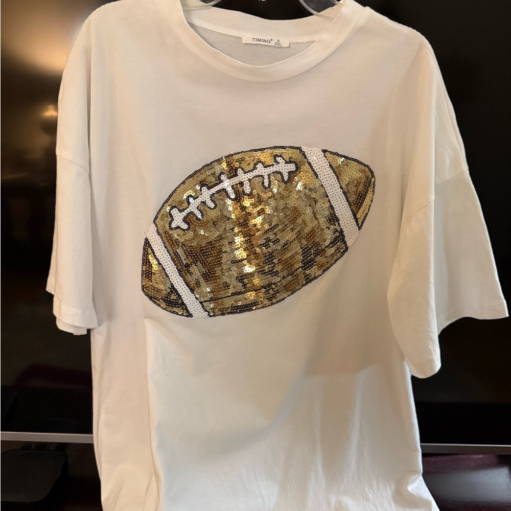 Timing White Tee with Gold Sequin Football